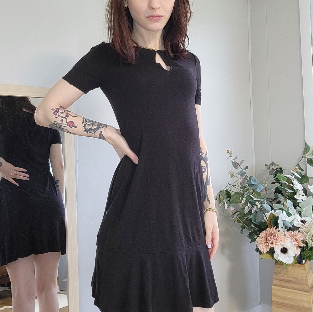 WHBM short sleeve black dress with ruffle hem
